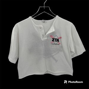 Zeta Tau Alpha ZTA Womens T-Shirt M White Crop Sorority Greek Strike Out Cancer